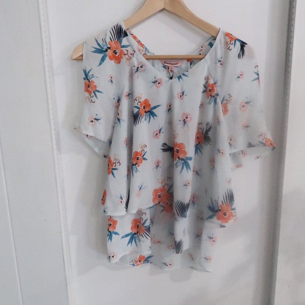 NWT Juicy Couture Hibiscus Layer Cold Shoulder Blouse Light Blue XS